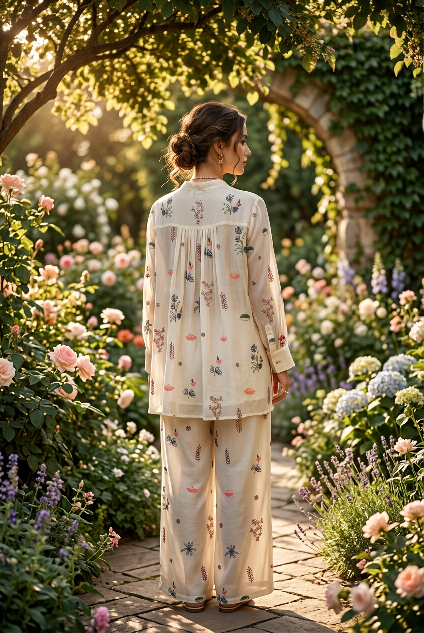 Cream Kora Silk Co-Ord Set With Multicolour Embroidery – Wide Palazzo