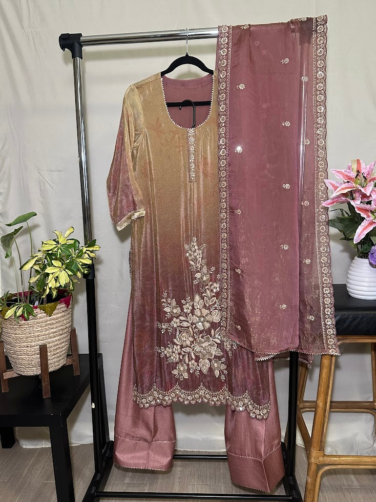 Shaded Mauve And Gold hand Embroidered Suit with Dupatta – Farsi Salwar