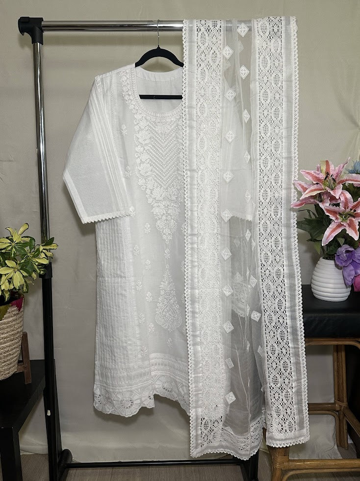 White Kota Doria Kurti with Dupatta