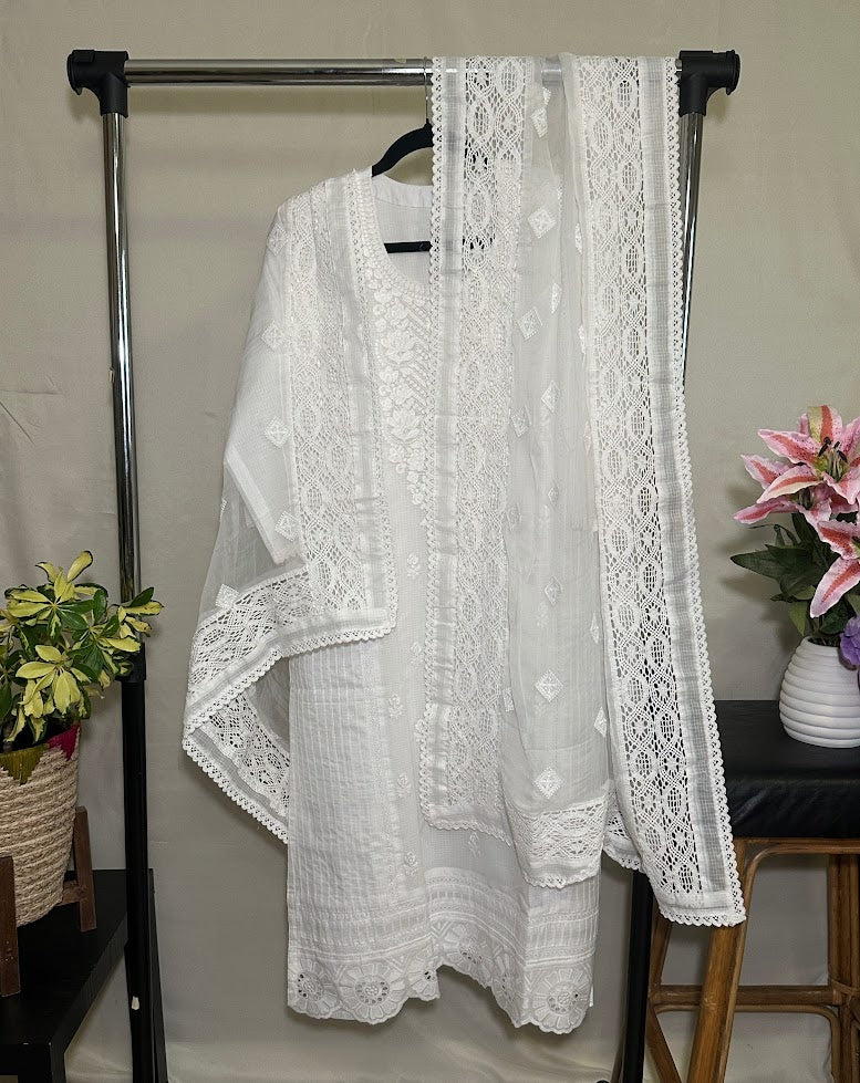 White Kota Doria Kurti with Dupatta
