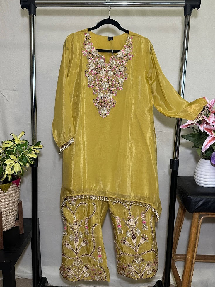 Light Mustard Organza Silk Co-Ord Set With Sequin & Bead Embroidery – Wide-Leg Palazzo