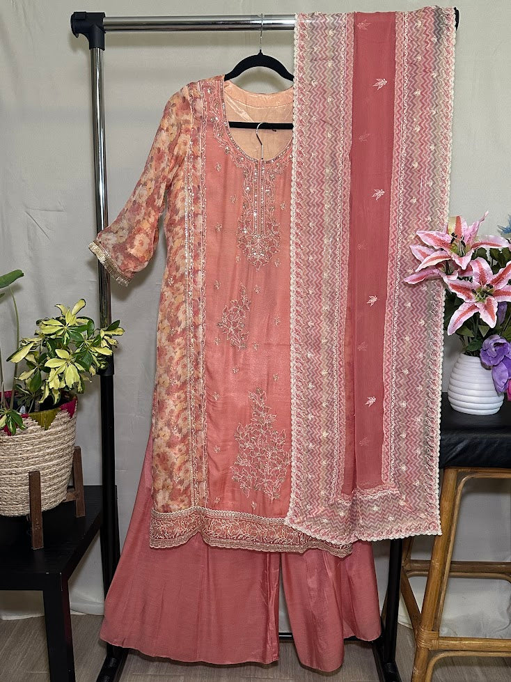 Salmon Pink Cotton Net Printed embroidered Set With Dupatta – Flare Palazzo