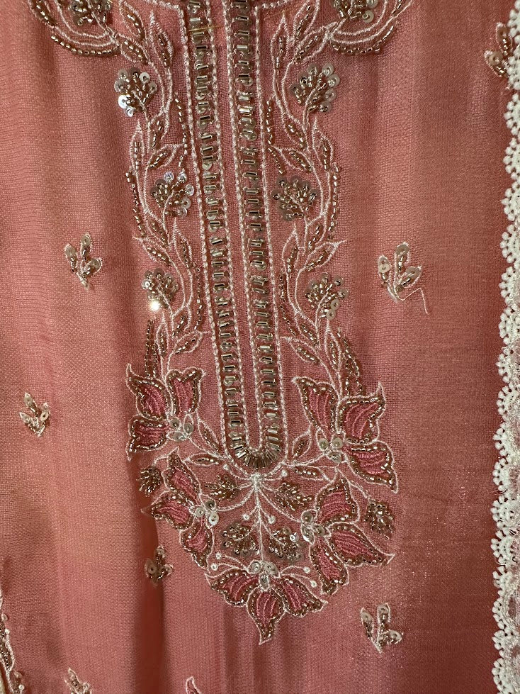 Salmon Pink Cotton Net Printed embroidered Set With Dupatta – Flare Palazzo