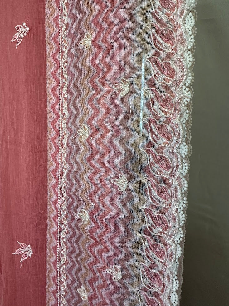 Salmon Pink Cotton Net Printed embroidered Set With Dupatta – Flare Palazzo