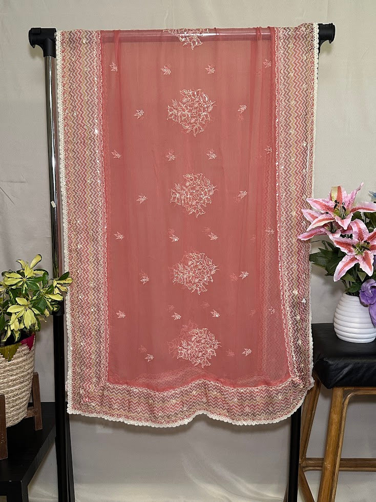 Salmon Pink Cotton Net Printed embroidered Set With Dupatta – Flare Palazzo