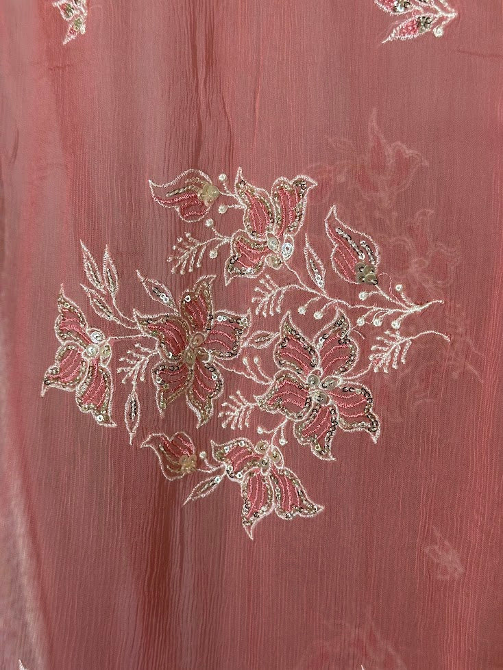 Salmon Pink Cotton Net Printed embroidered Set With Dupatta – Flare Palazzo
