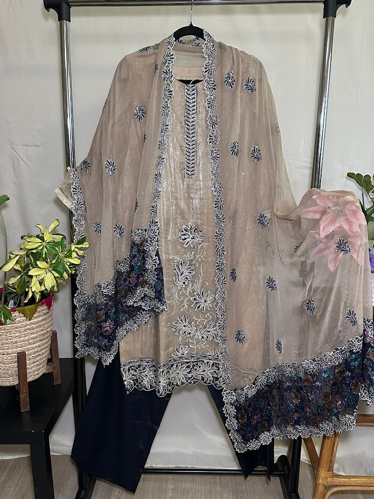 Beige & Navy Blue Glass Tissue Applique and Stone Work Set with Dupatta - Straight Palazzo