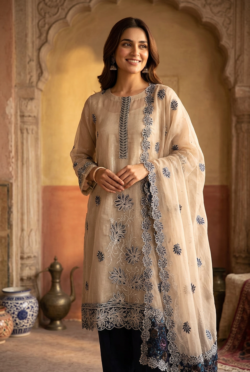 Beige & Navy Blue Glass Tissue Applique and Stone Work Set with Dupatta - Straight Palazzo