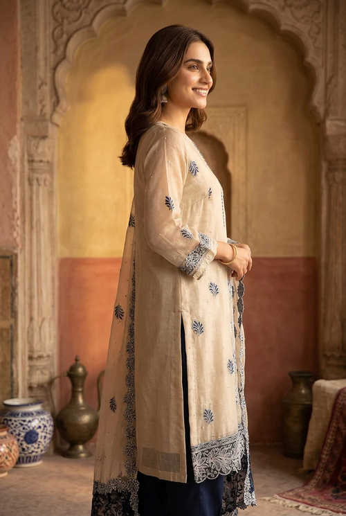 Beige & Navy Blue Glass Tissue Applique and Stone Work Set with Dupatta - Straight Palazzo
