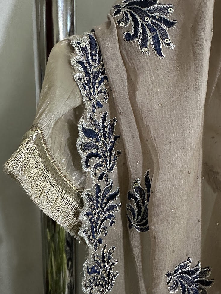 Beige & Navy Blue Glass Tissue Applique and Stone Work Set with Dupatta - Straight Palazzo