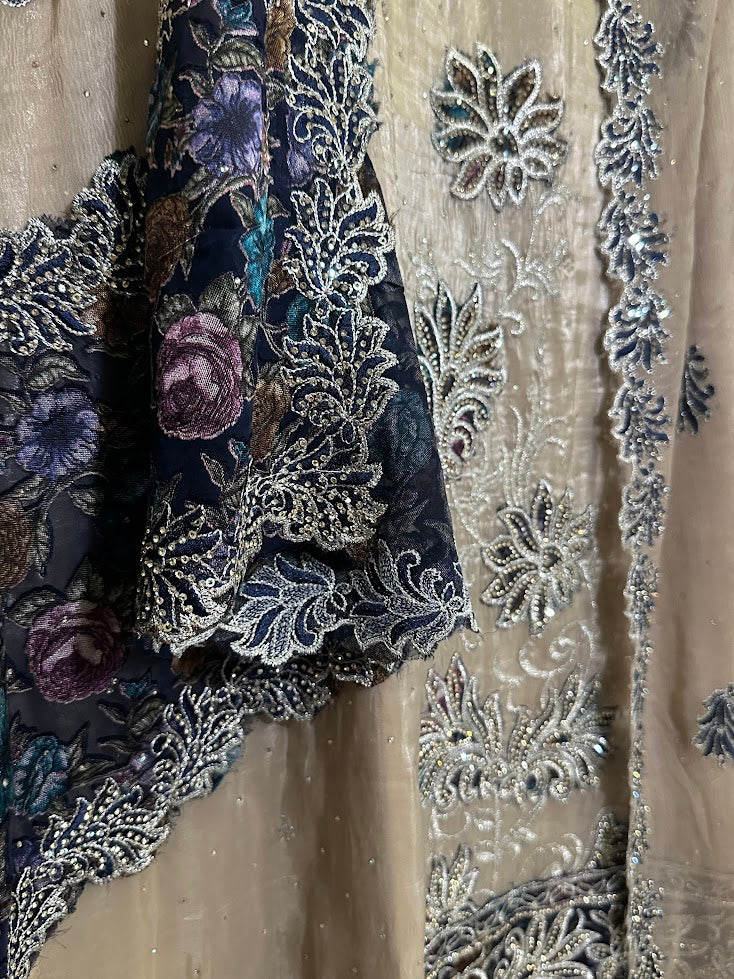 Beige & Navy Blue Glass Tissue Applique and Stone Work Set with Dupatta - Straight Palazzo