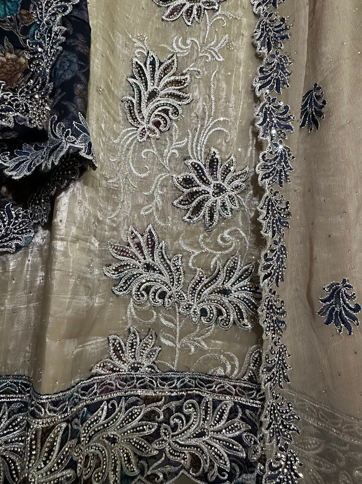 Beige & Navy Blue Glass Tissue Applique and Stone Work Set with Dupatta - Straight Palazzo
