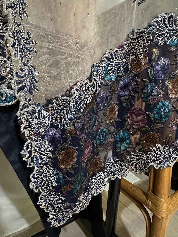 Beige & Navy Blue Glass Tissue Applique and Stone Work Set with Dupatta - Straight Palazzo