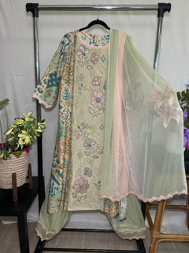 Pista Green Rayon,Faux Silk Printed Set with Dupatta - Farsi Salwar