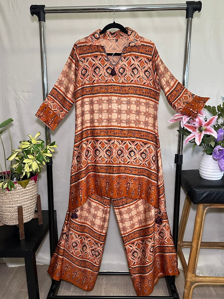 Brick Orange Ajrak Printed Modal Co-Ord Set With Palazzo