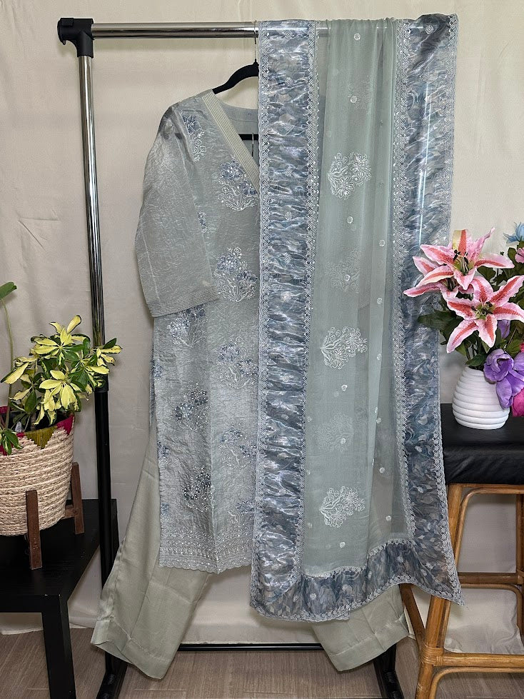 Grey Organza Applique Work Set with Dupatta - Straight Pants