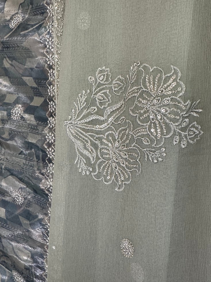 Grey Organza Applique Work Set with Dupatta - Straight Pants