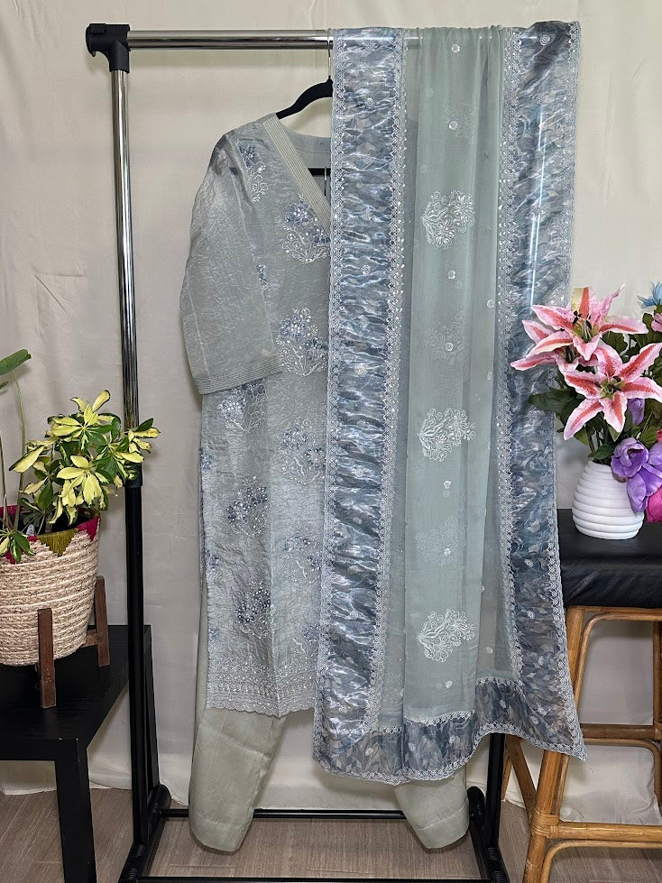Grey Organza Applique Work Set with Dupatta - Straight Pants