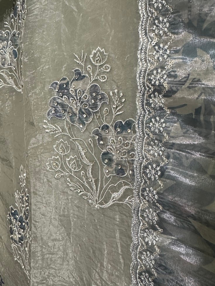 Grey Organza Applique Work Set with Dupatta - Straight Pants