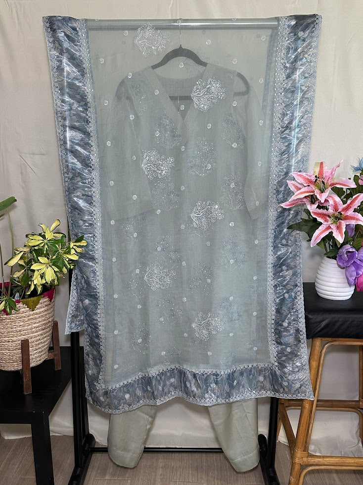 Grey Organza Applique Work Set with Dupatta - Straight Pants