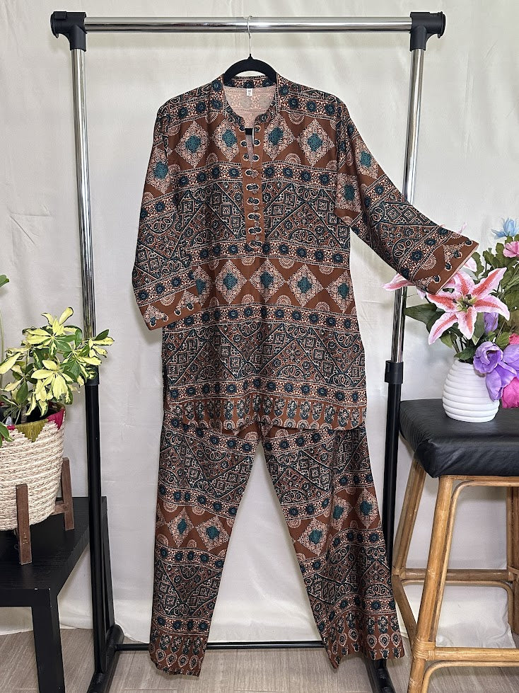 Brown & Green Printed Modal Blend Co-Ord Set -Straight Pants