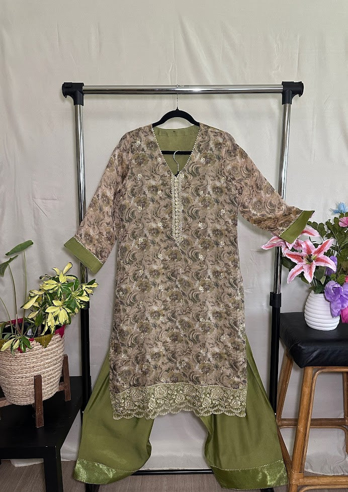 Mehndi Green Printed Embroidered Organza Suit with Dupatta - Farsi Salwar