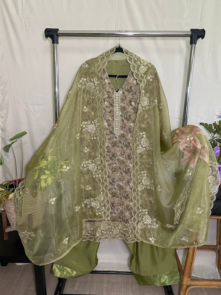 Mehndi Green Printed Embroidered Organza Suit with Dupatta - Farsi Salwar