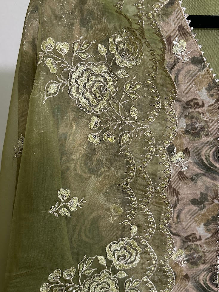 Mehndi Green Printed Embroidered Organza Suit with Dupatta - Farsi Salwar