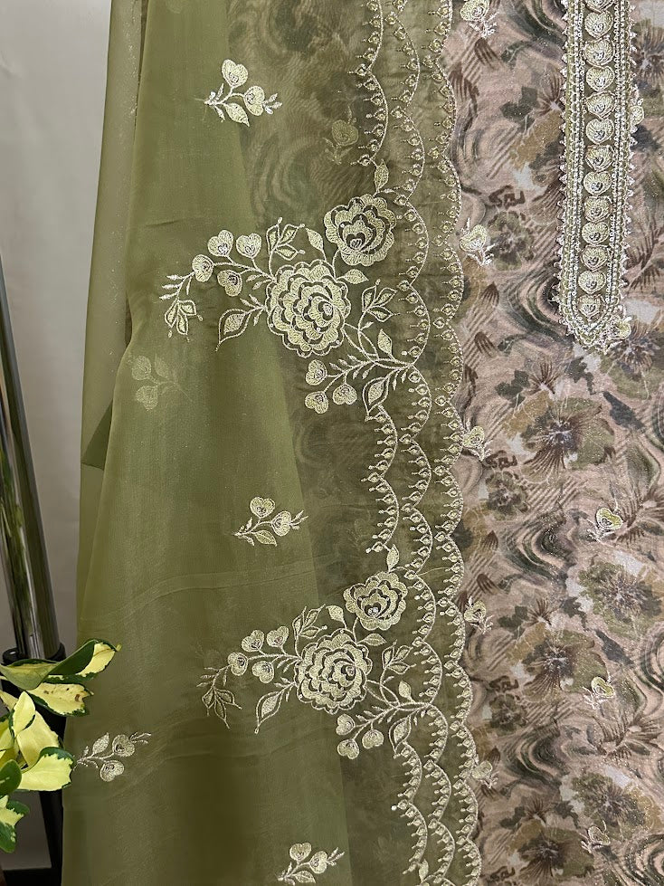 Mehndi Green Printed Embroidered Organza Suit with Dupatta - Farsi Salwar