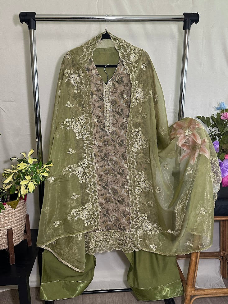 Mehndi Green Printed Embroidered Organza Suit with Dupatta - Farsi Salwar