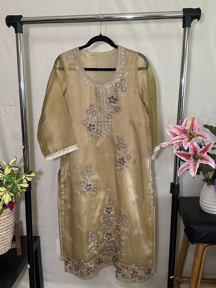 Gold Green Tissue Appliqué work Set With Dupatta - Wide-Legged Palazzo