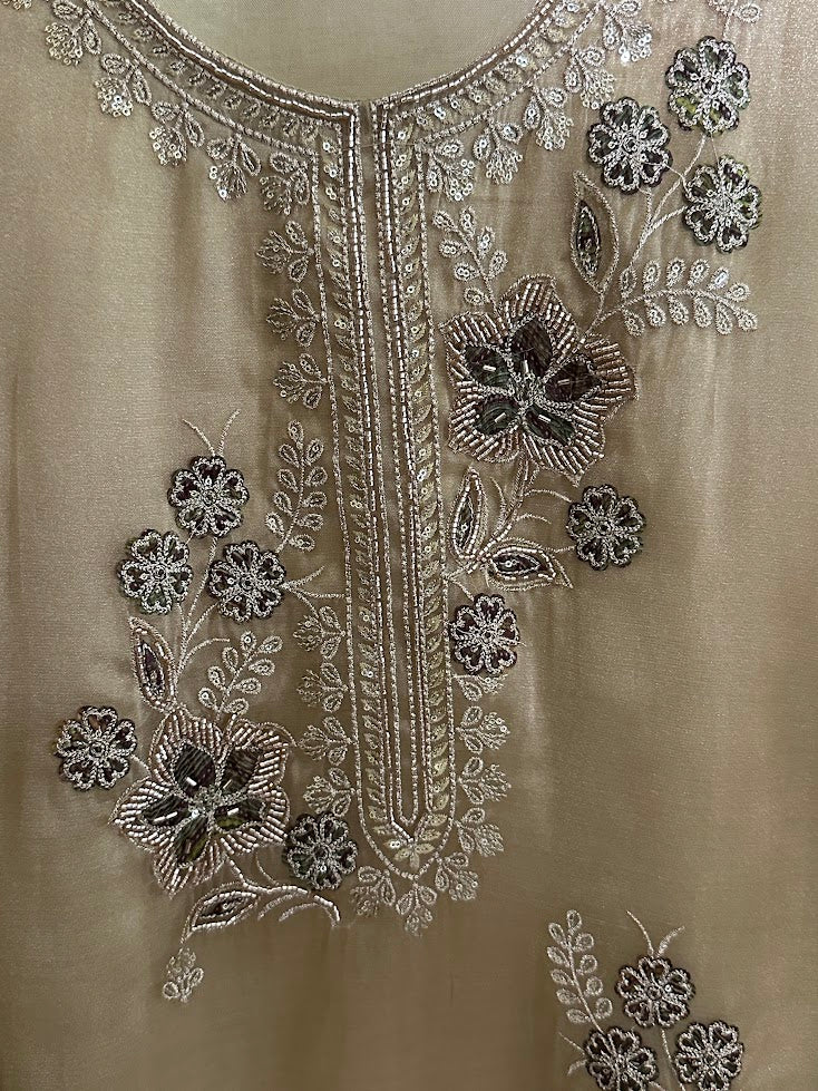 Gold Green Tissue Appliqué work Set With Dupatta - Wide-Legged Palazzo