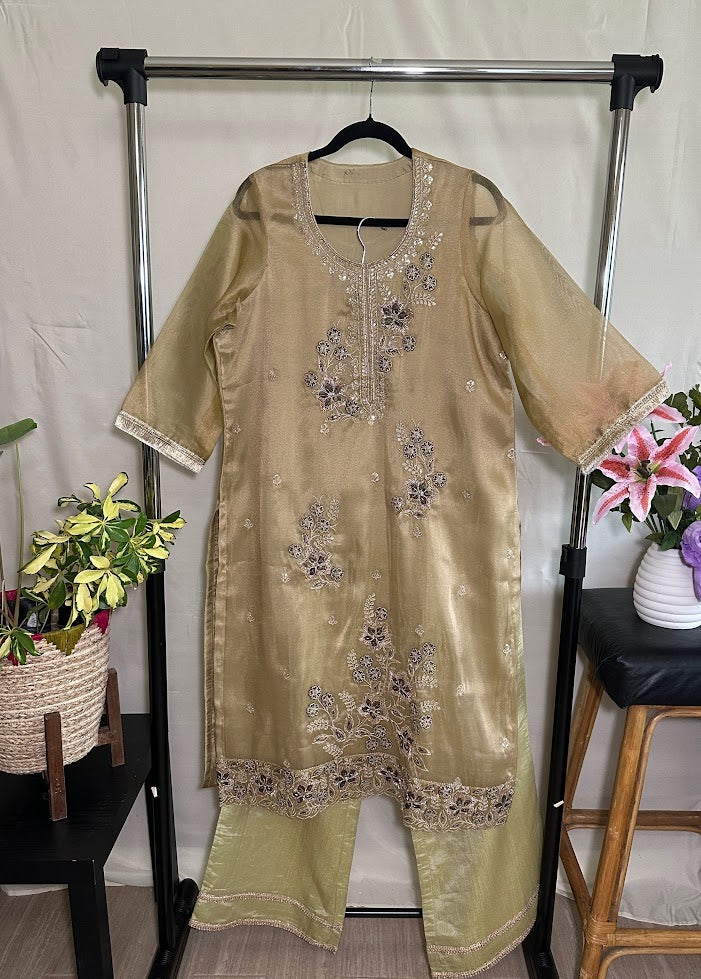 Gold Green Tissue Appliqué work Set With Dupatta - Wide-Legged Palazzo