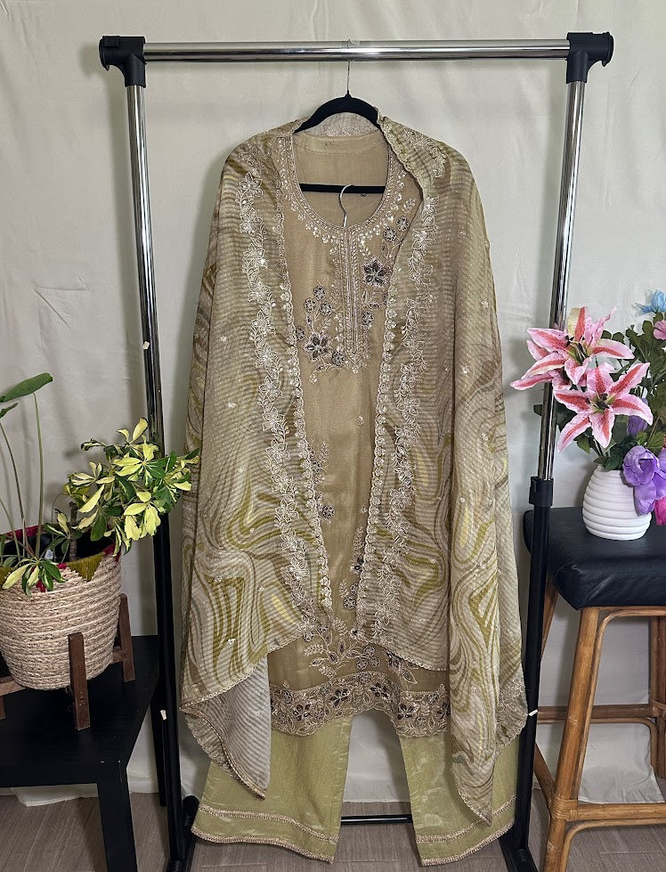 Gold Green Tissue Appliqué work Set With Dupatta - Wide-Legged Palazzo