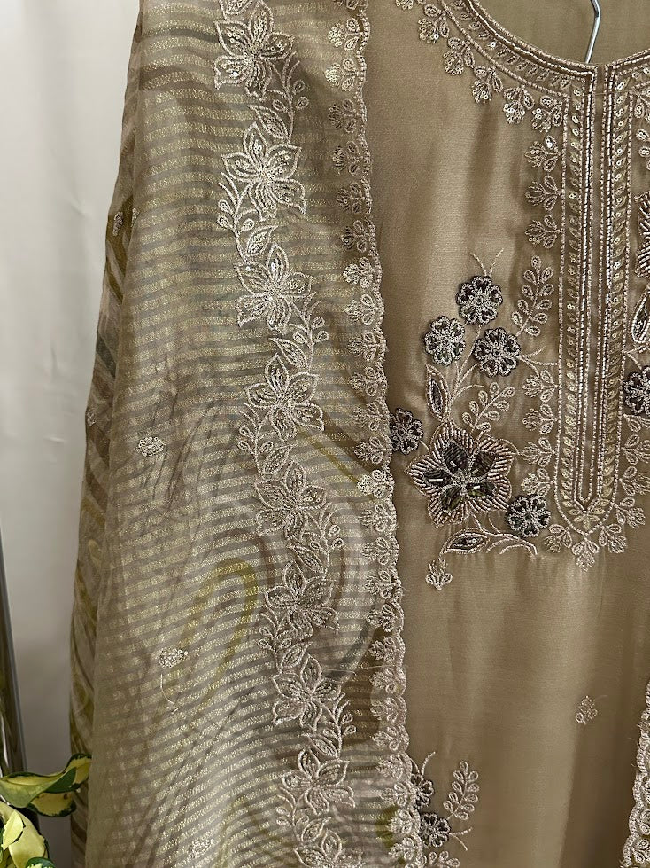 Gold Green Tissue Appliqué work Set With Dupatta - Wide-Legged Palazzo