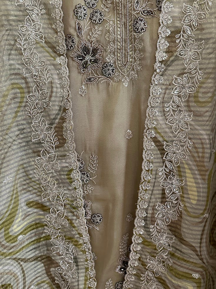 Gold Green Tissue Appliqué work Set With Dupatta - Wide-Legged Palazzo