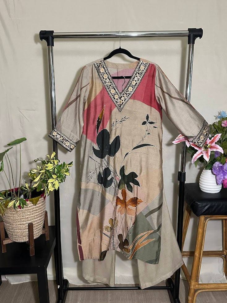 Beige Printed and Kantha Work Suit with Dupatta - Wide Legged Palazzo