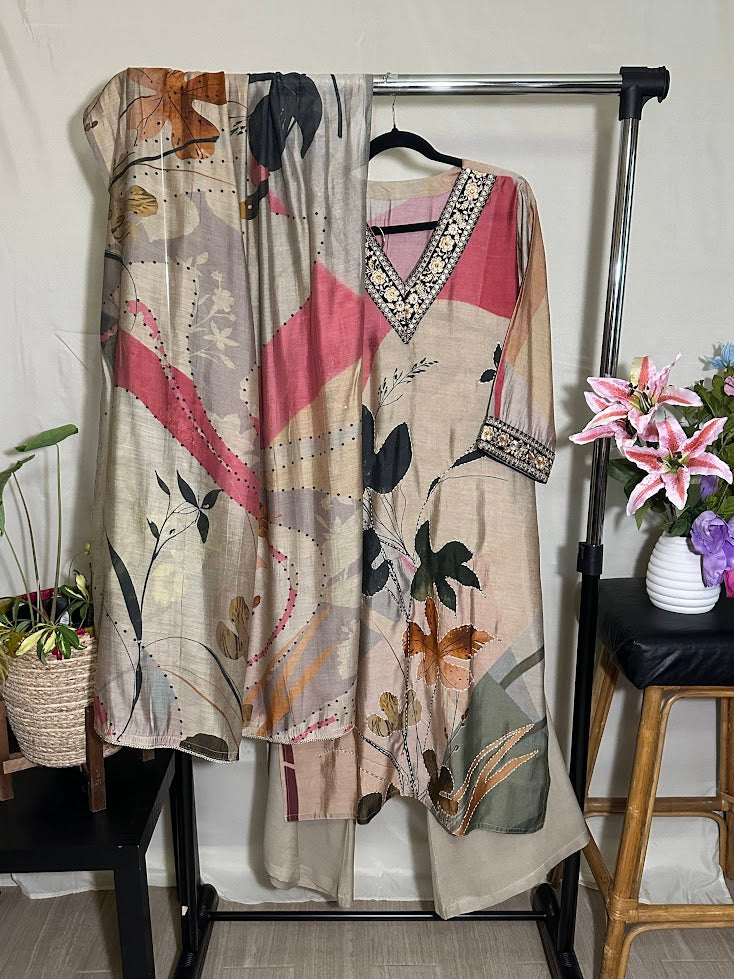 Beige Printed and Kantha Work Suit with Dupatta - Wide Legged Palazzo