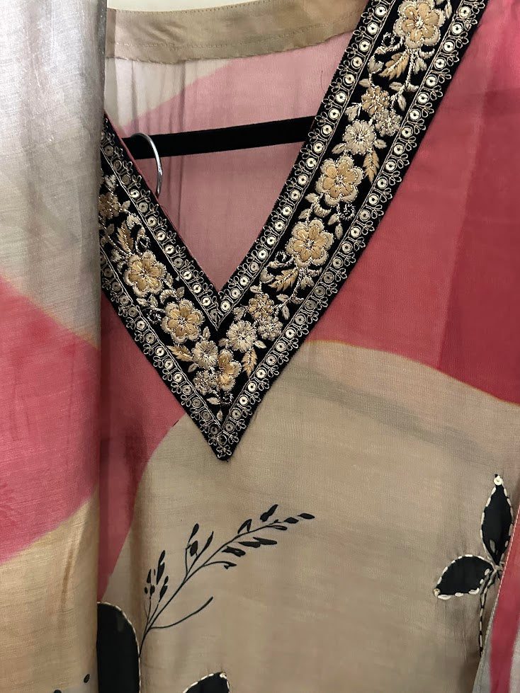 Beige Printed and Kantha Work Suit with Dupatta - Wide Legged Palazzo