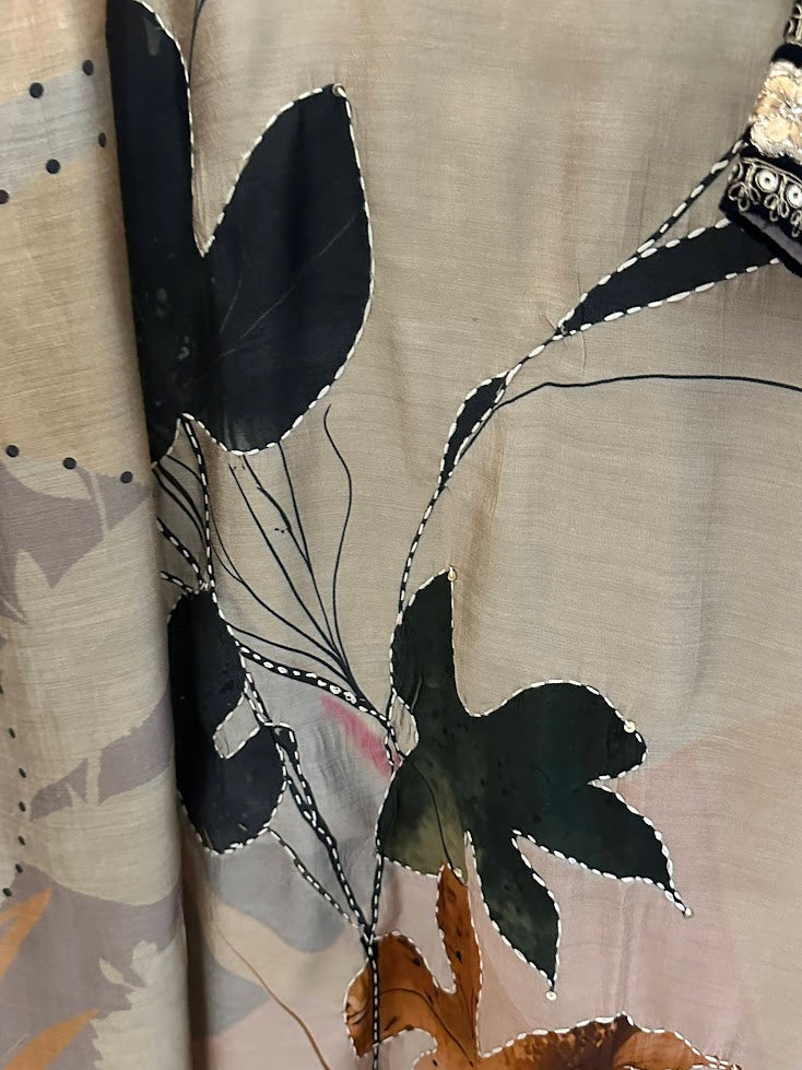 Beige Printed and Kantha Work Suit with Dupatta - Wide Legged Palazzo