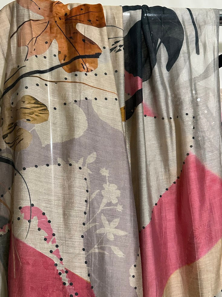 Beige Printed and Kantha Work Suit with Dupatta - Wide Legged Palazzo