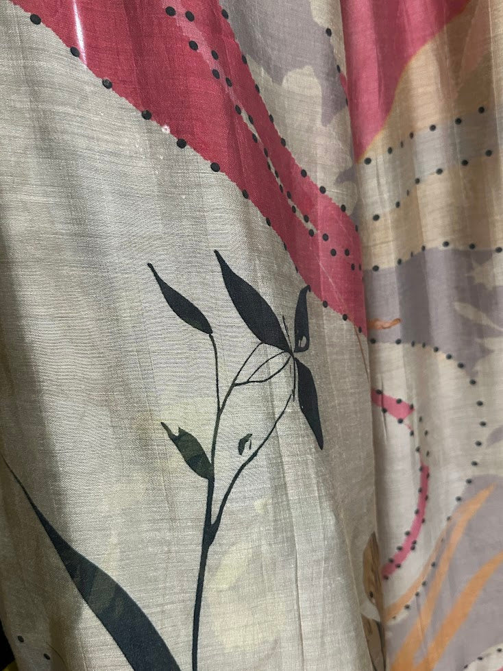 Beige Printed and Kantha Work Suit with Dupatta - Wide Legged Palazzo