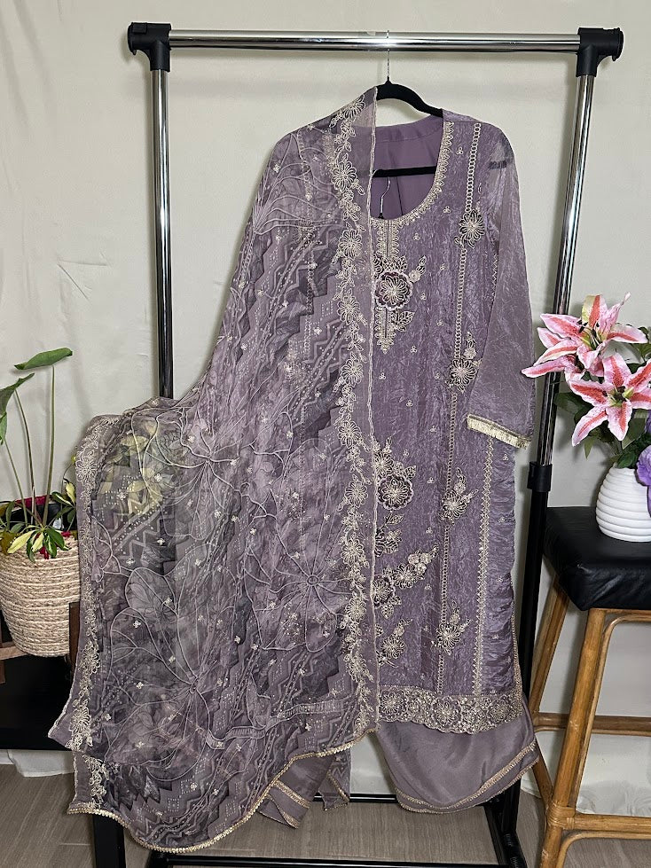 Dull Lavender Applique Work Set With Dupatta – Wide-Legged Palazzo