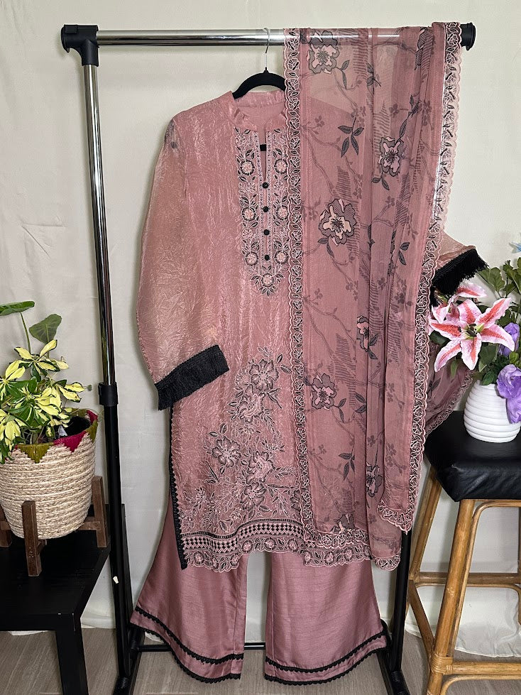 Onion Pink Organza With Black Embroidery Suit - Wide-Legged Palazzo