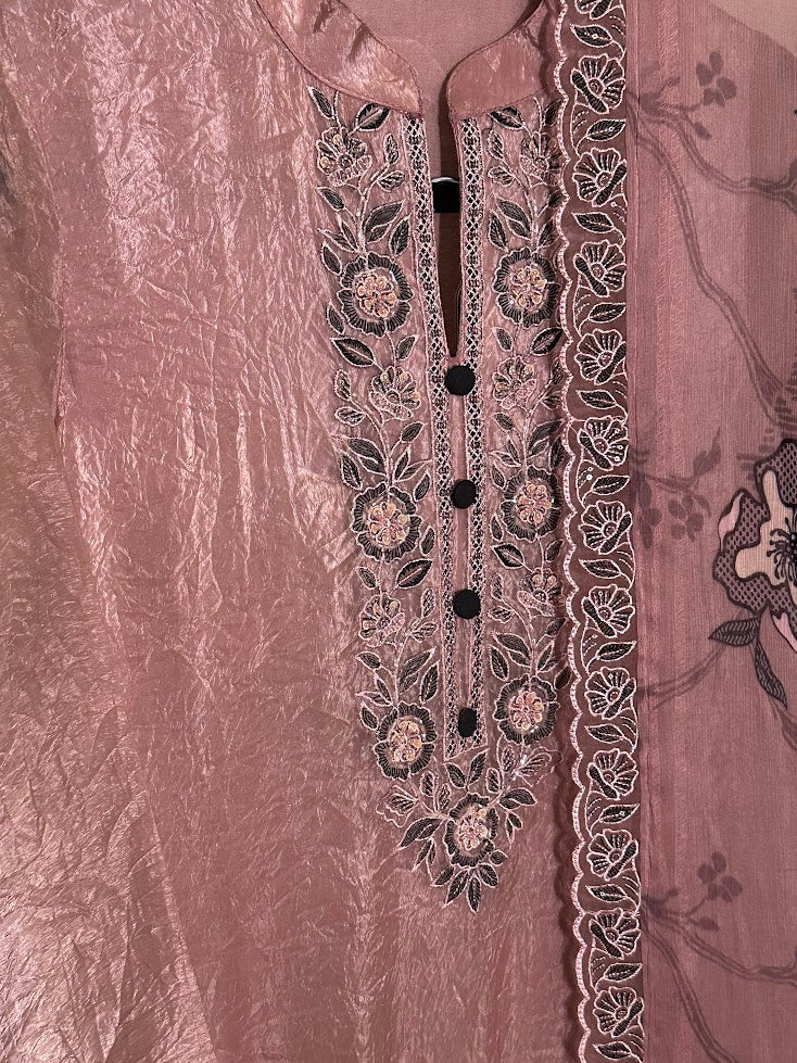 Onion Pink Organza With Black Embroidery Suit - Wide-Legged Palazzo