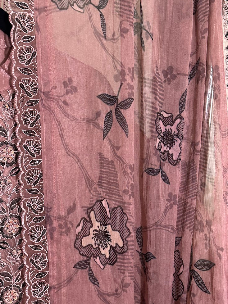 Onion Pink Organza With Black Embroidery Suit - Wide-Legged Palazzo