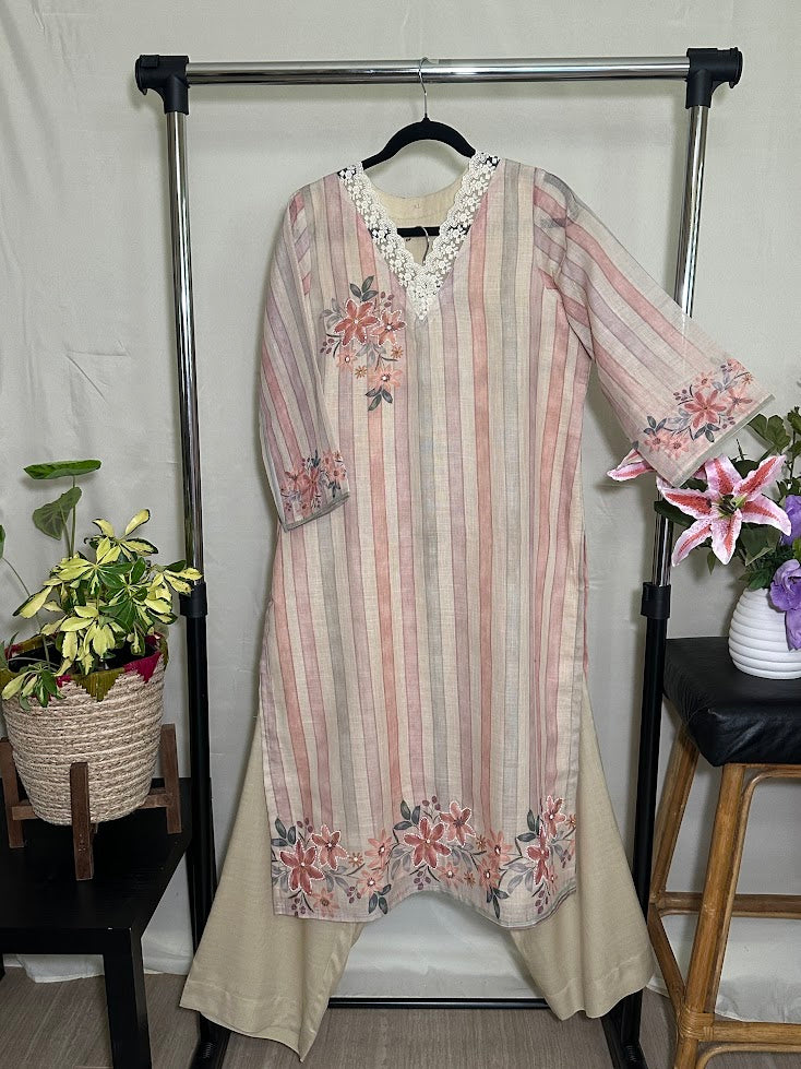Cotton Linen Blend Hand-Painted Suit with Dupatta - Straight Palazzo
