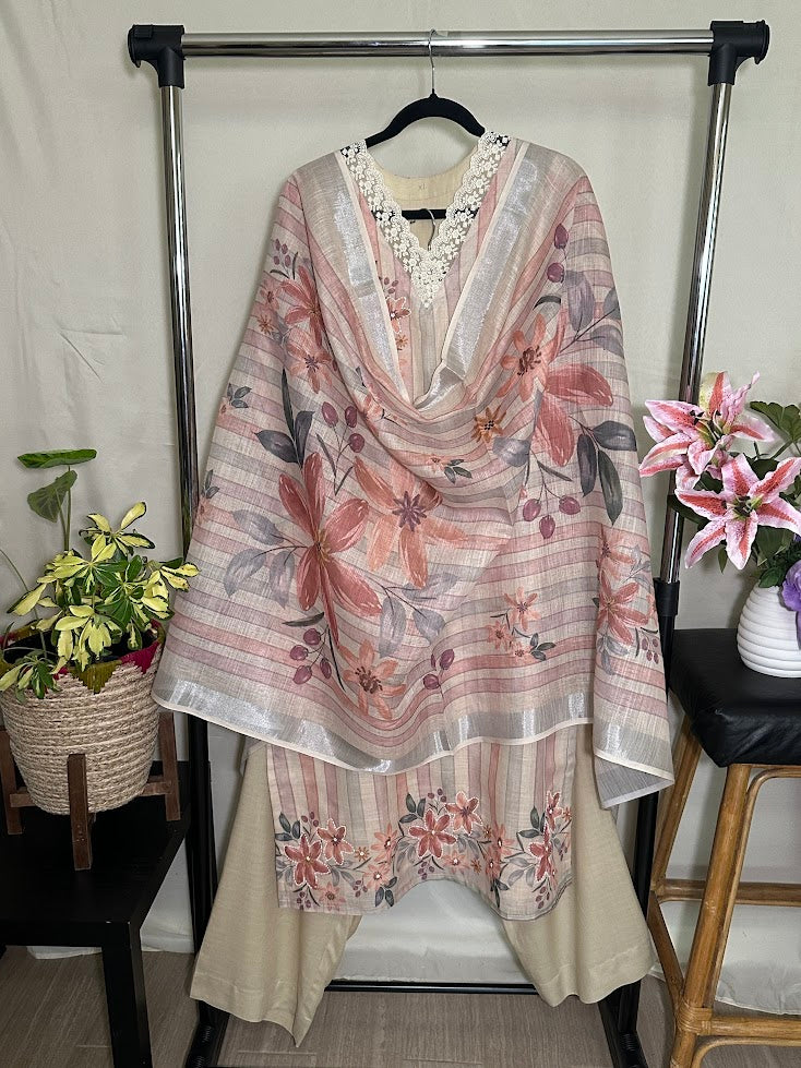 Cotton Linen Blend Hand-Painted Suit with Dupatta - Straight Palazzo