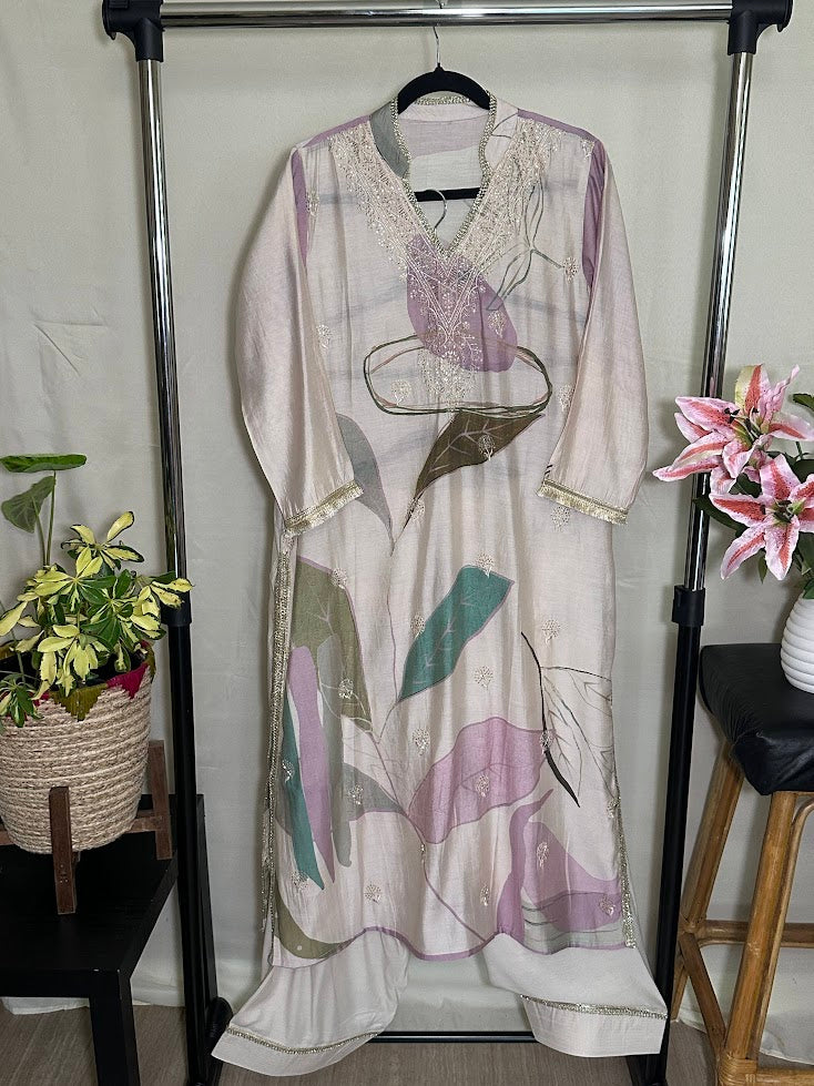 Lavender Printed And Embroidered Suit with Dupatta - Farsi Salwar