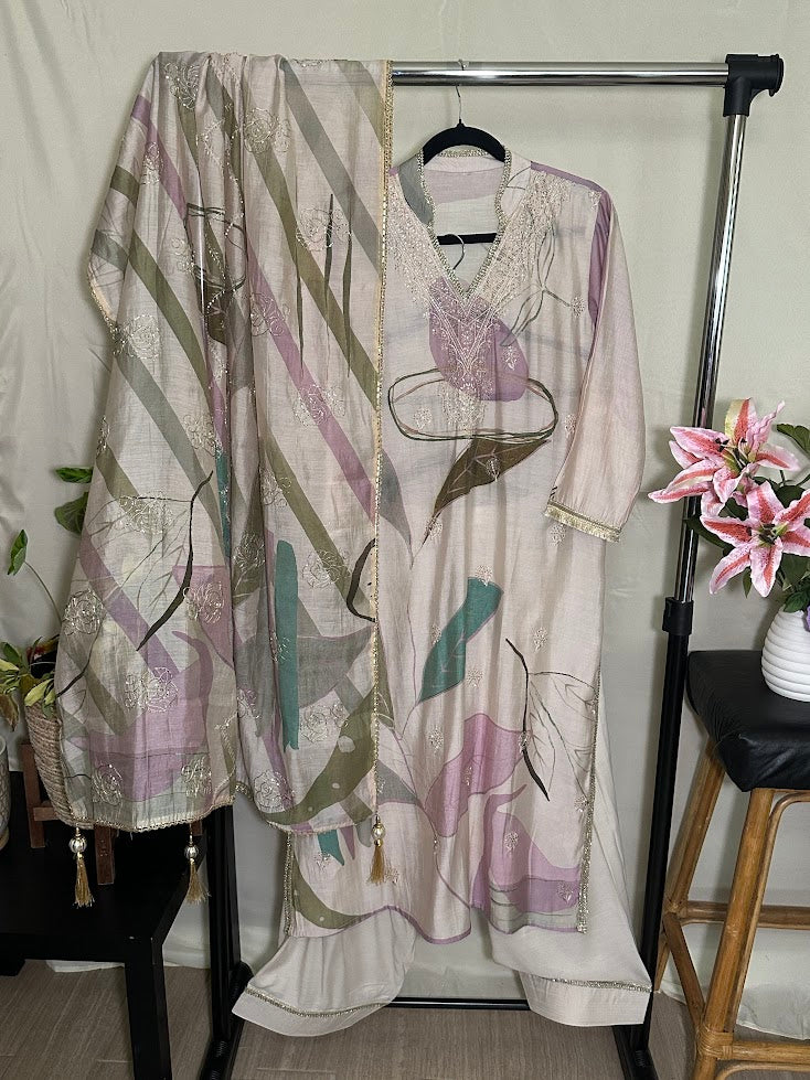 Lavender Printed And Embroidered Suit with Dupatta - Farsi Salwar